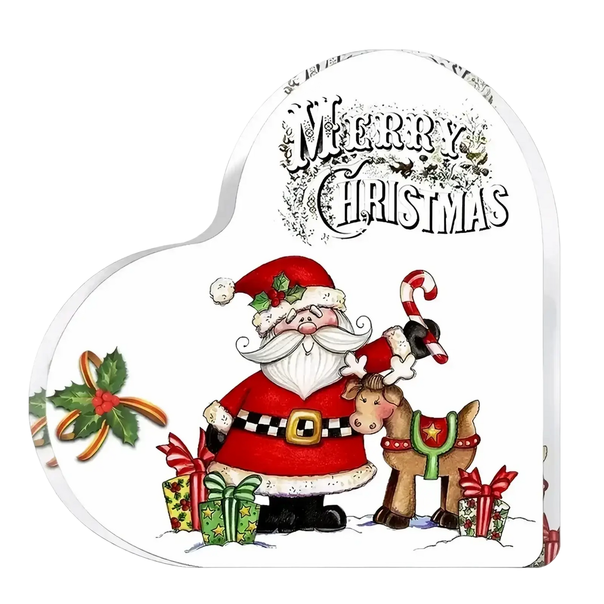 Heart-shaped white acrylic candy tin with santa claus illustration for festive art display and high quality material use