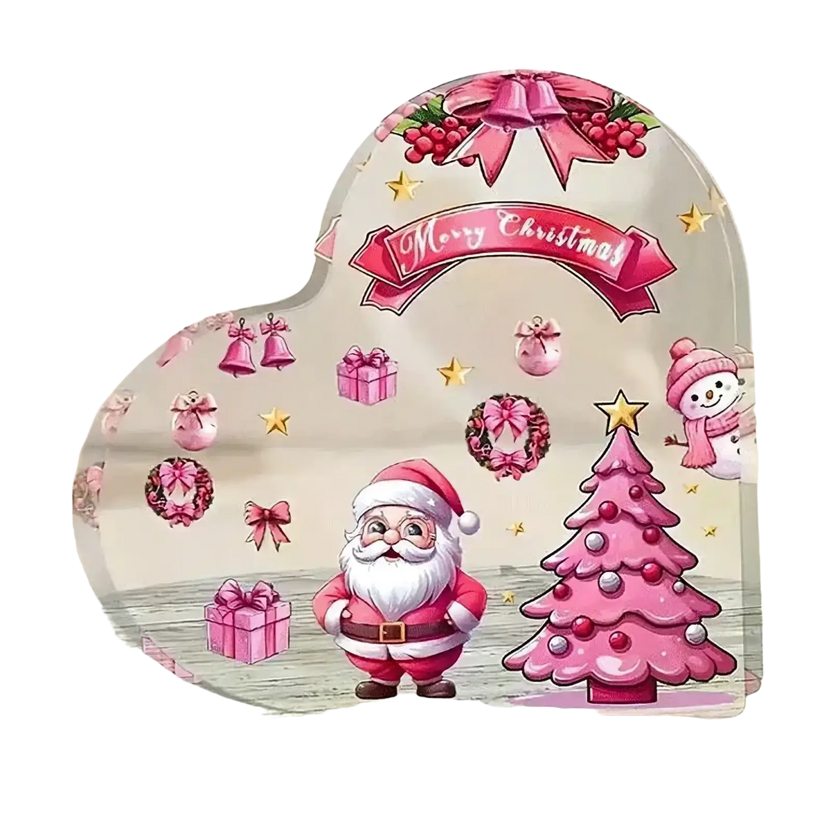 Christmas atmosphere heart acrylic ornament with festive pink design featuring santa and snowman for art display