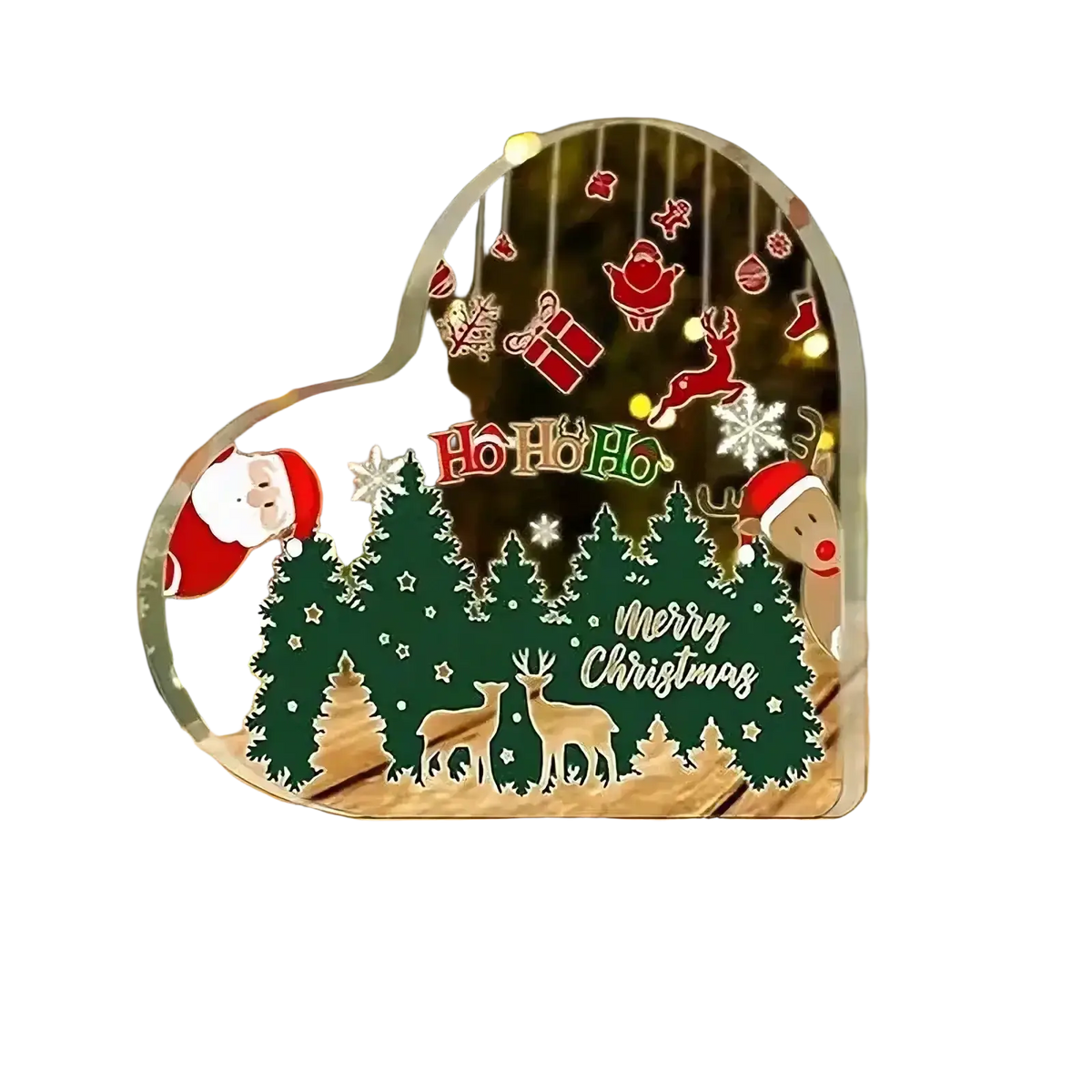Christmas atmosphere heart acrylic ornament with santa reindeer pine trees in red green gold for art display on desk
