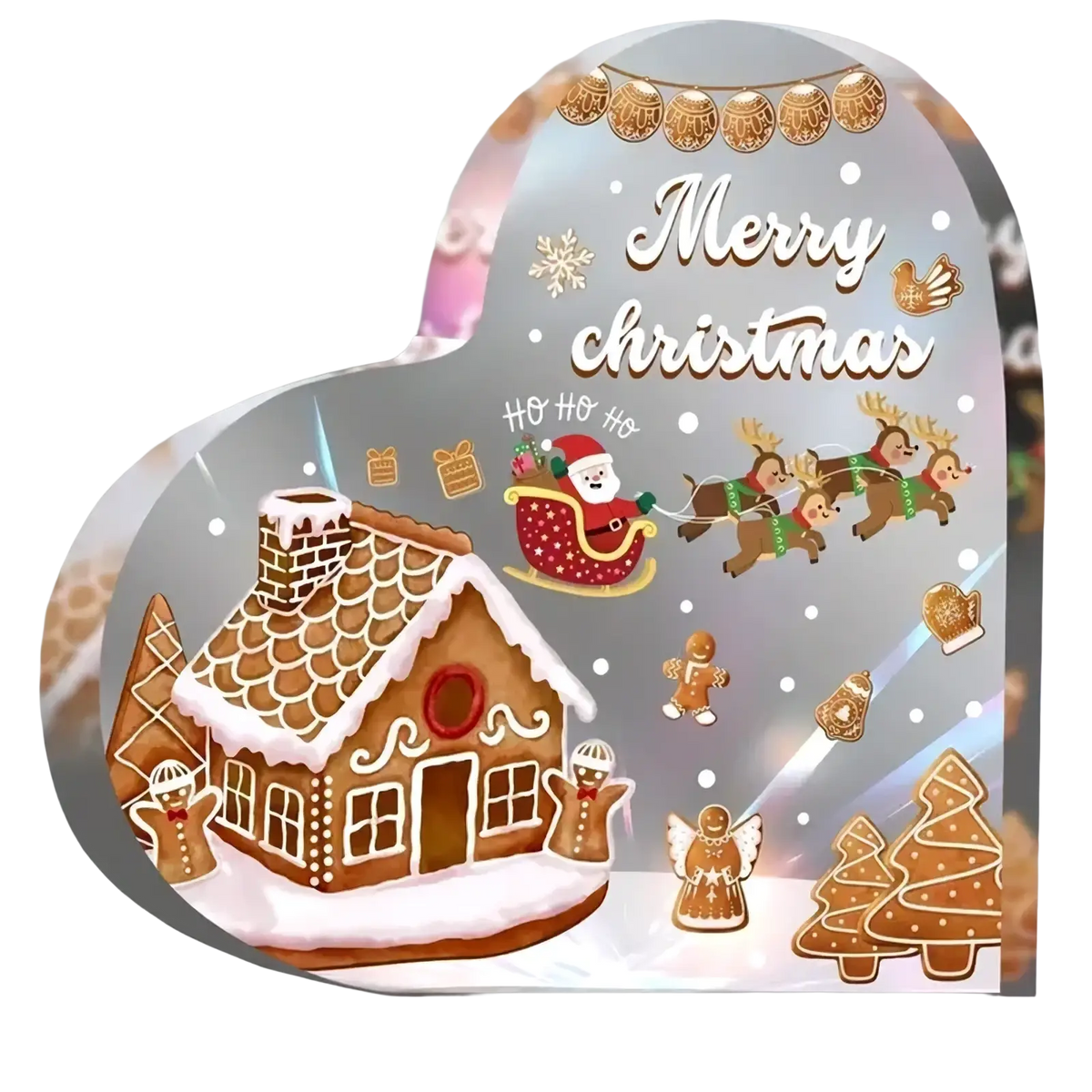 Acrylic Christmas heart desktop ornament stand featuring a transparent heart with gingerbread house and Santa sleigh design