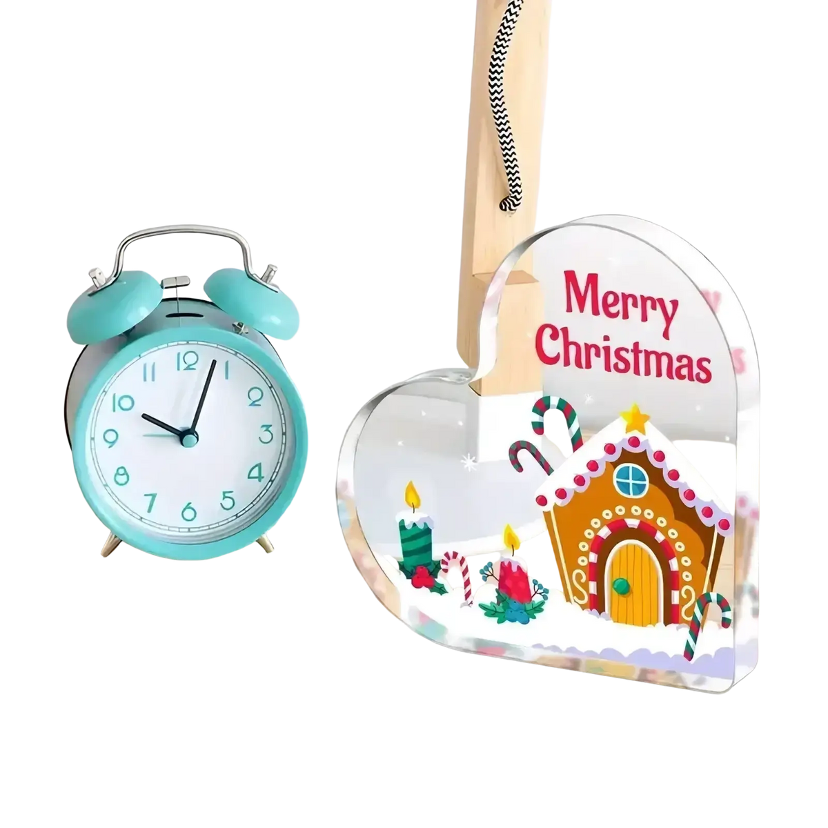 Mint green metal alarm clock with white face and black numerals for high quality material art display use in picture applicable range