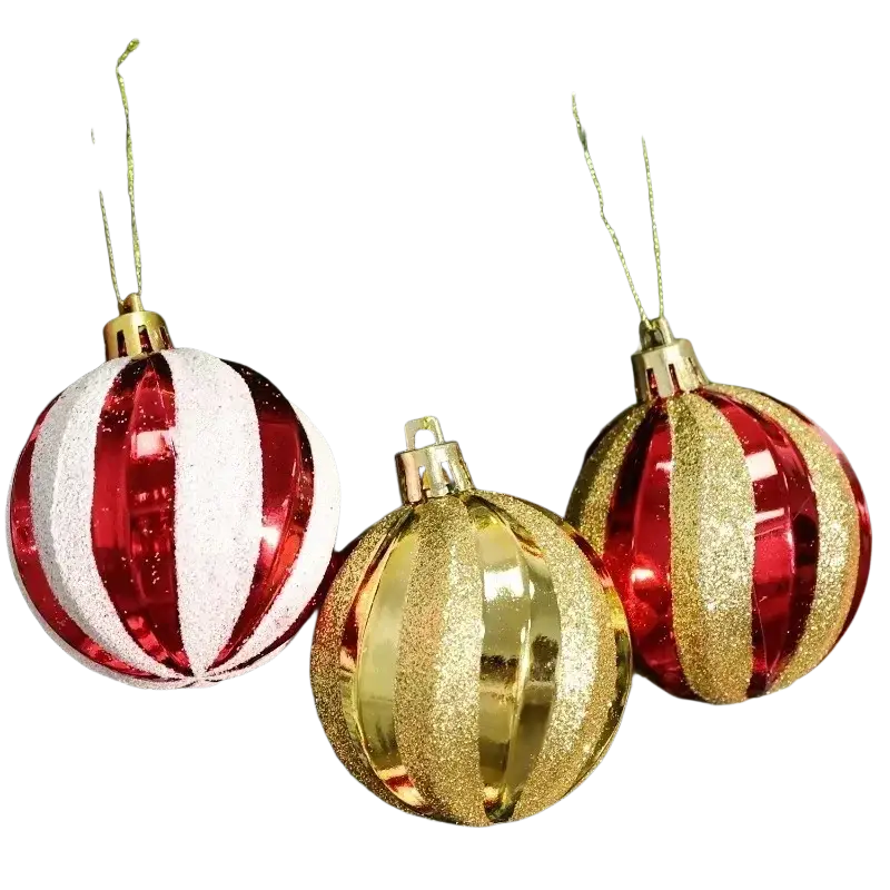 Red and white striped gold glittery christmas ball ornaments hanging on a christmas tree set of 6 6cm balls