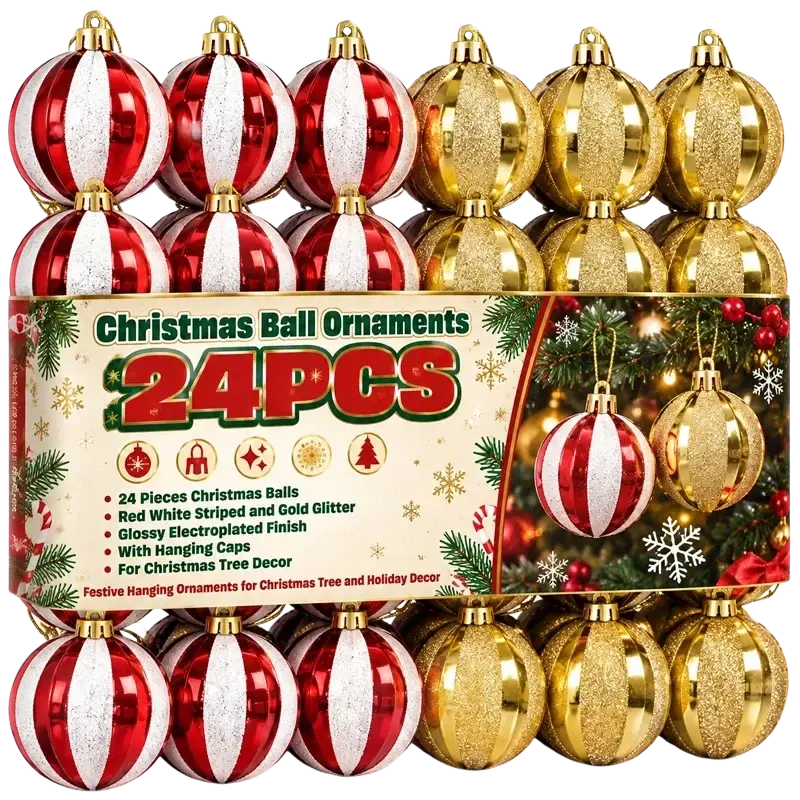 Christmas ball ornaments 6cm red and white striped with gold glitter and glossy electroplated finish set of 6