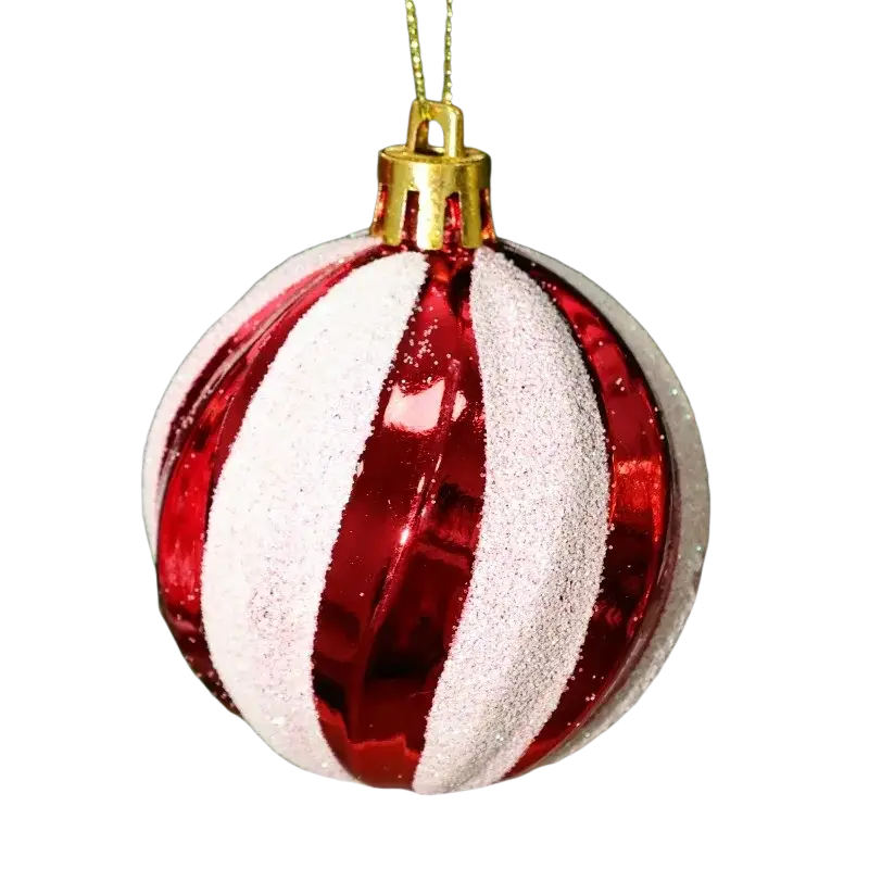 Glossy red and white striped christmas ball ornament with glittery texture and gold hanging loop from set of six christmas tree ornaments