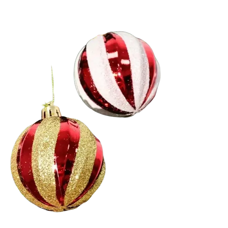 Christmas ball ornaments set of 6 red and white striped with glittery gold accents hanging on christmas tree
