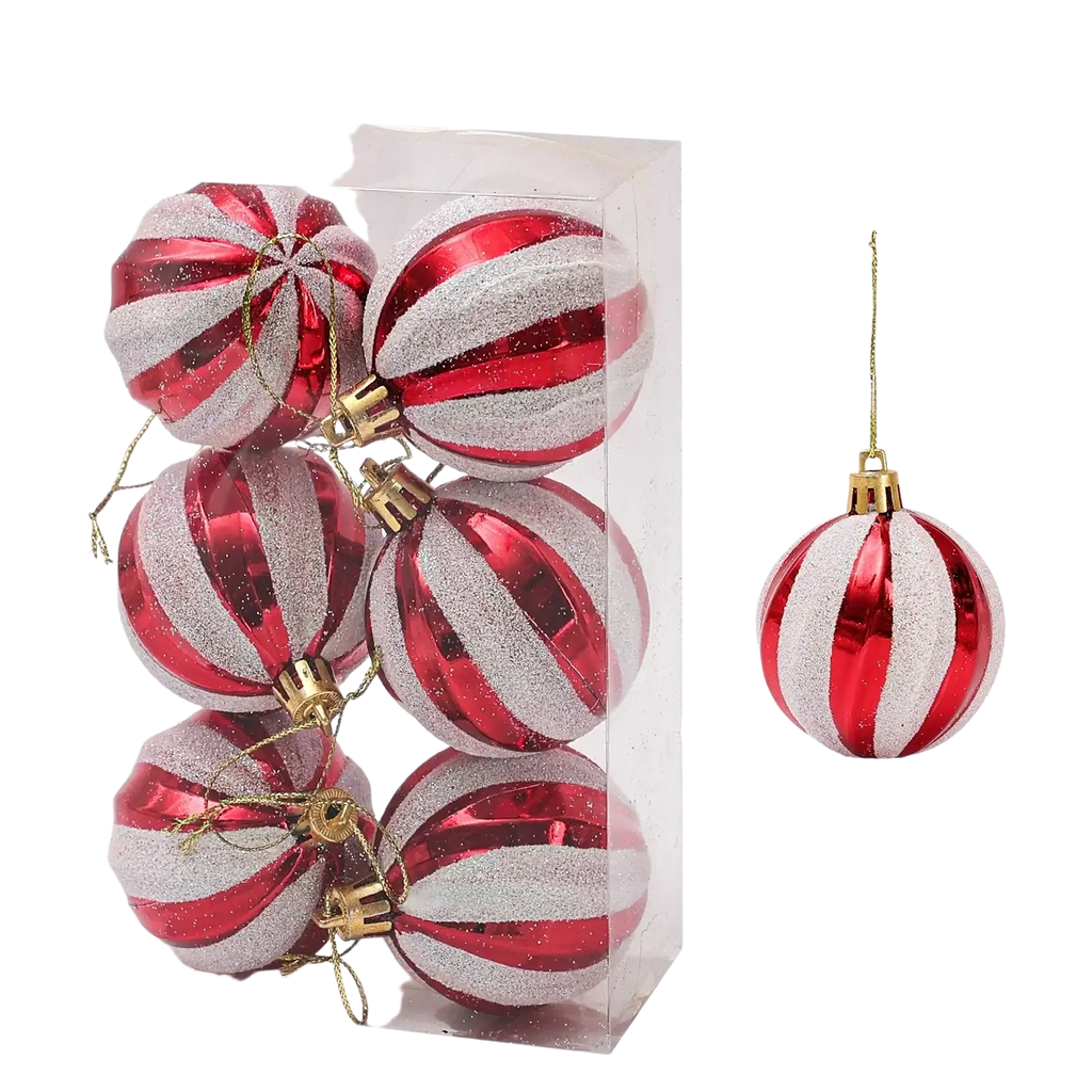 Red and silver striped christmas ball ornaments with a glittery finish perfect for christmas tree decoration