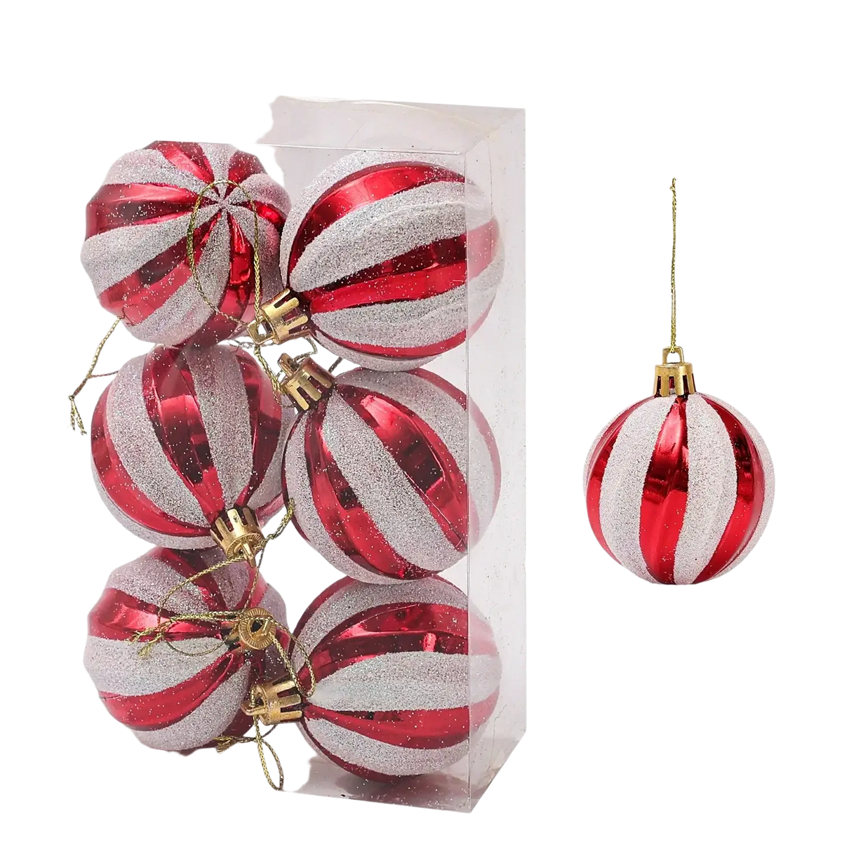 Red and silver striped christmas ball ornaments with a glittery finish perfect for christmas tree decoration