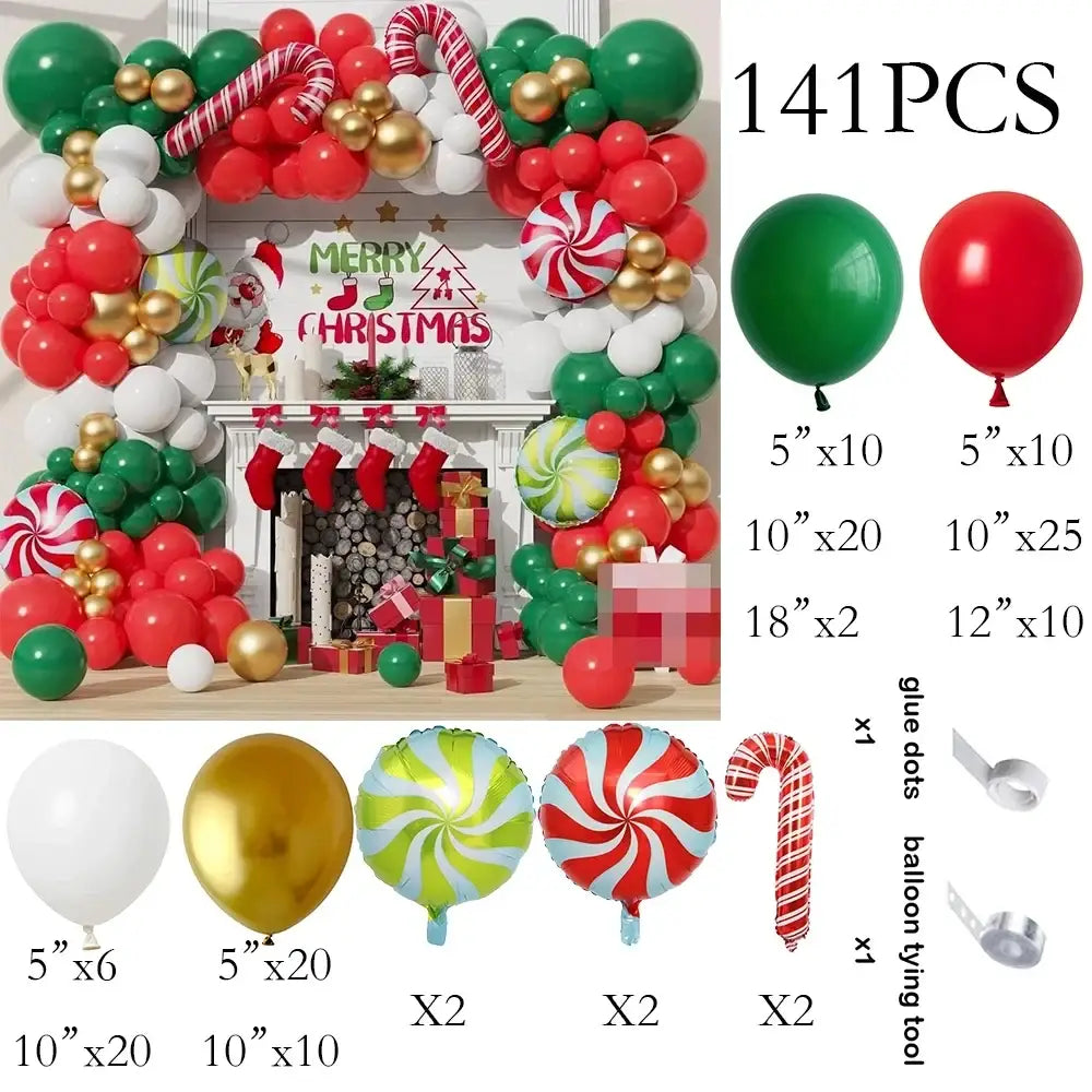 A festive Christmas balloon arch kit with red green white and gold balloons featuring candy cane and peppermint swirl designs
