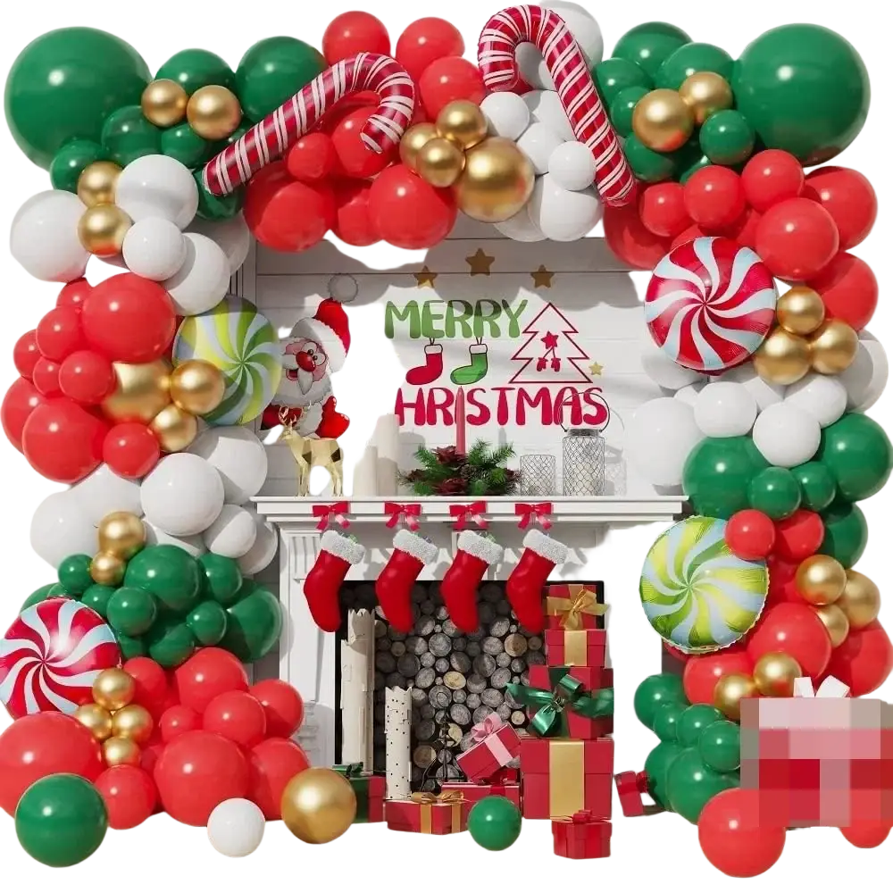 A festive Christmas balloon arch kit with red green white and gold balloons featuring candy cane and peppermint designs