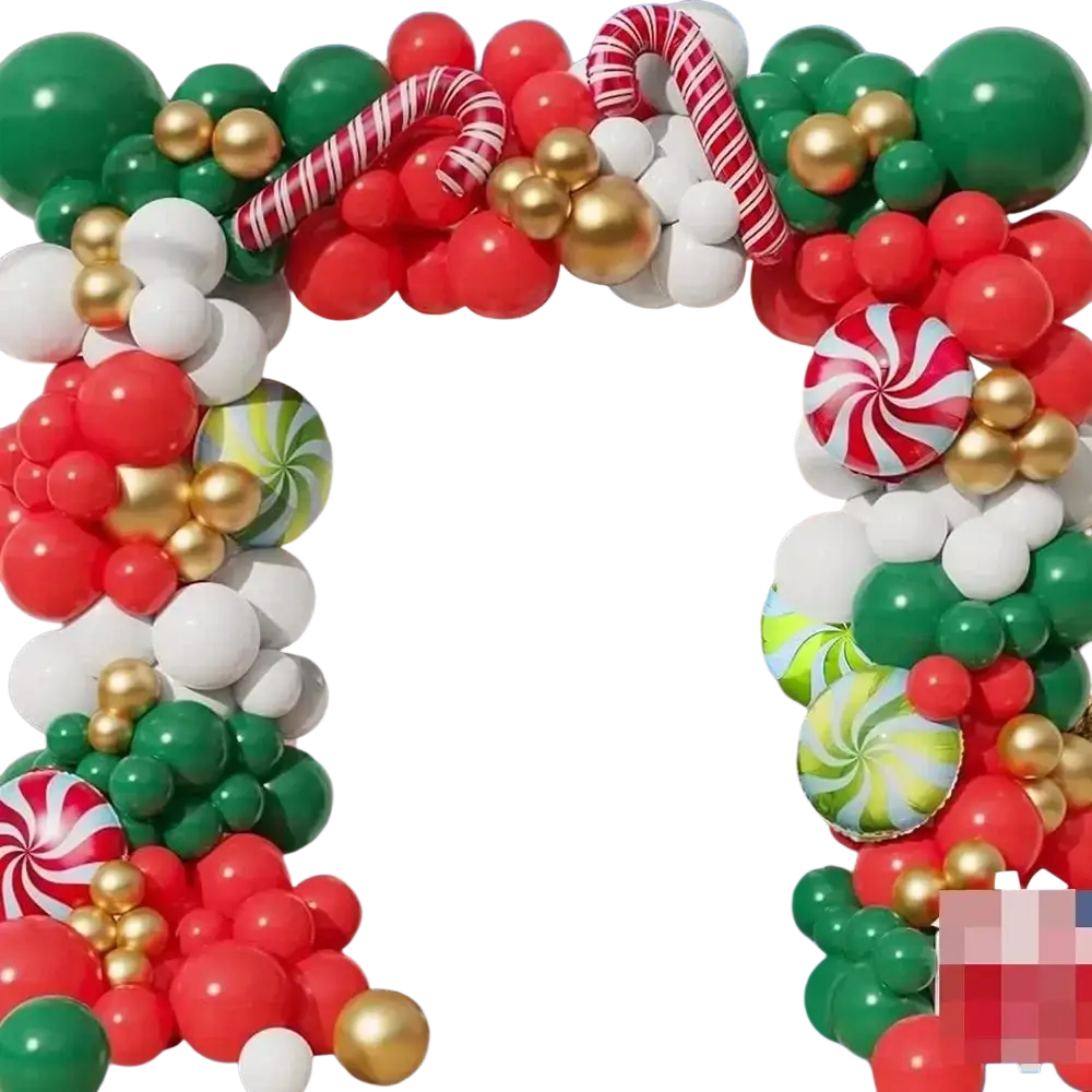 Christmas balloon arch kit with red green white and gold candy cane and peppermint swirl balloons for festive decor