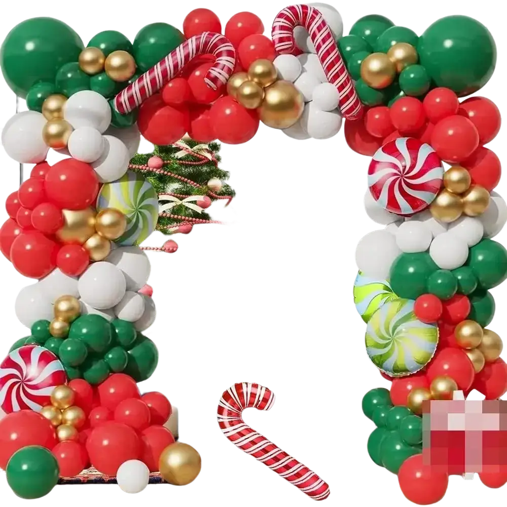 A festive christmas balloon arch kit featuring red green white and gold balloons with candy cane and peppermint designs