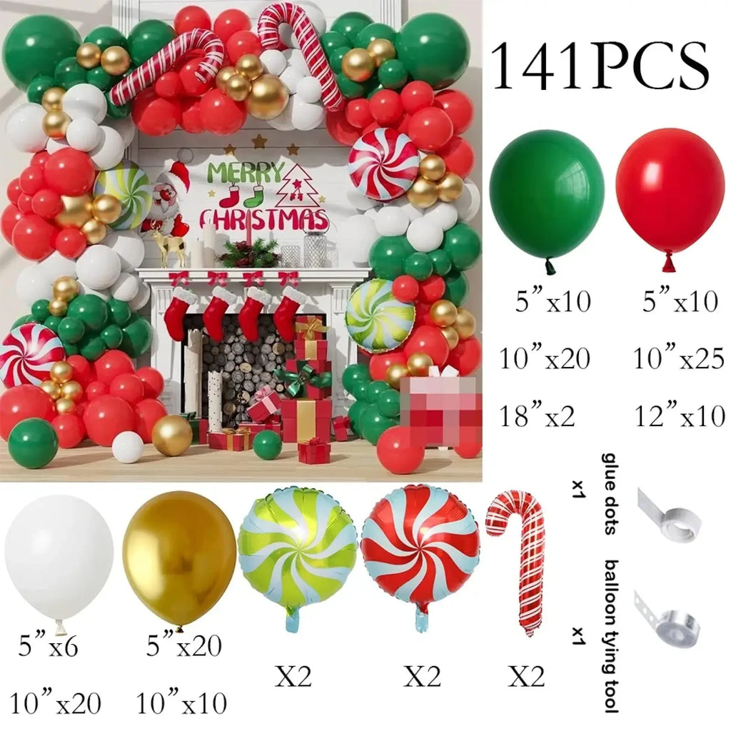 A festive Christmas balloon arch kit with red green white and gold balloons featuring candy cane and peppermint swirl designs