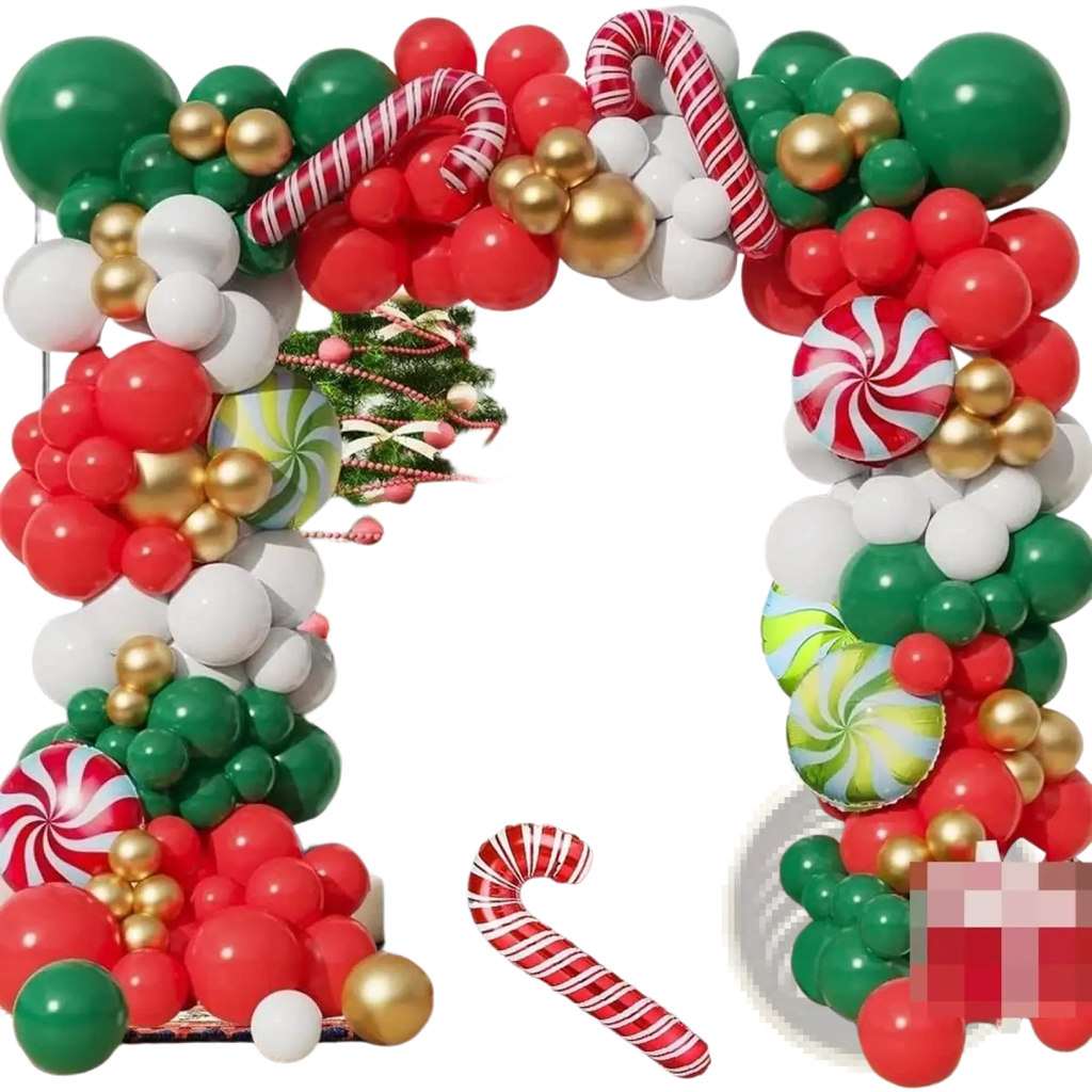 A festive Christmas balloon arch kit with red green white and gold balloons featuring candy cane and swirled lollipop designs