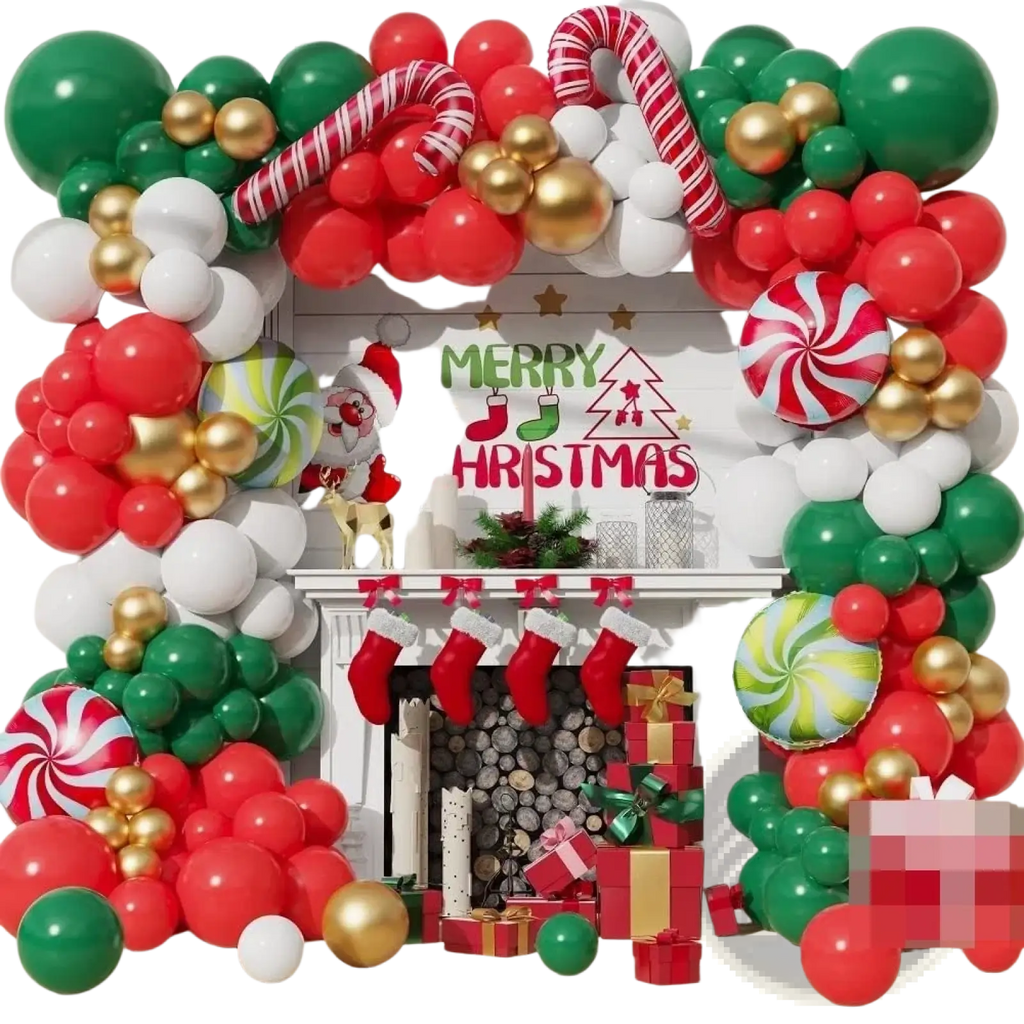 A festive Christmas balloon arch kit with red green white and gold balloons featuring candy cane and peppermint designs