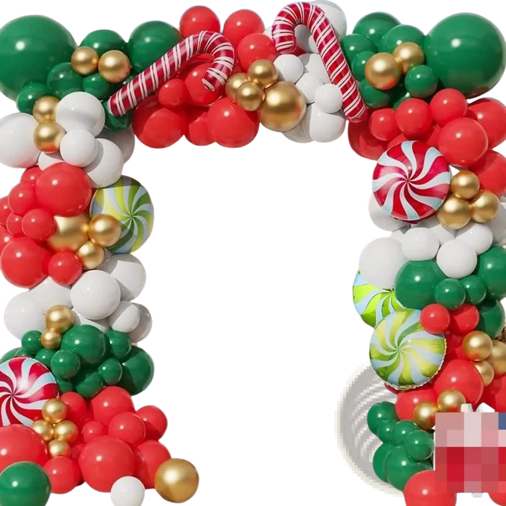 A festive red green white and gold Christmas balloon arch kit with candy cane and peppermint swirl designs