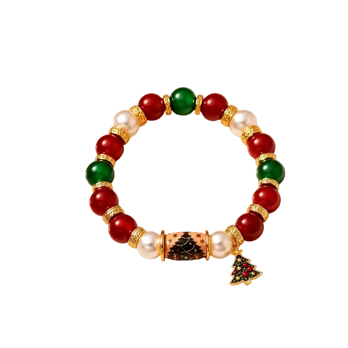 Christmas beaded stretch bracelet with red green and white beads gold accents and a christmas tree charm for holidays