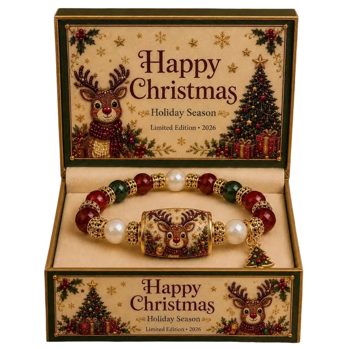 A festive red and green Christmas beaded stretch bracelet with a central reindeer charm and gold-toned accents