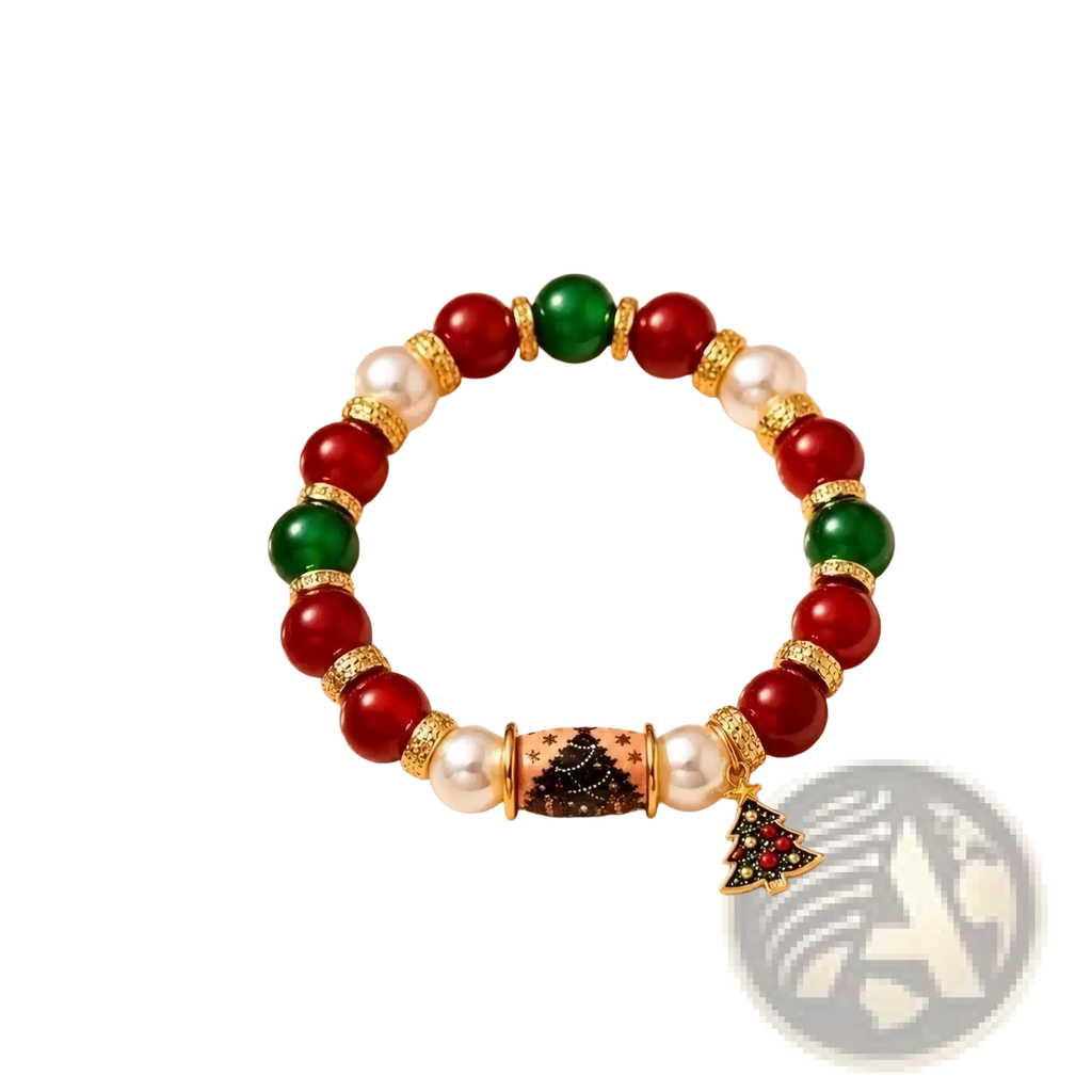 Christmas beaded stretch bracelet with red and green beads gold accents and a central christmas tree charm with pearls