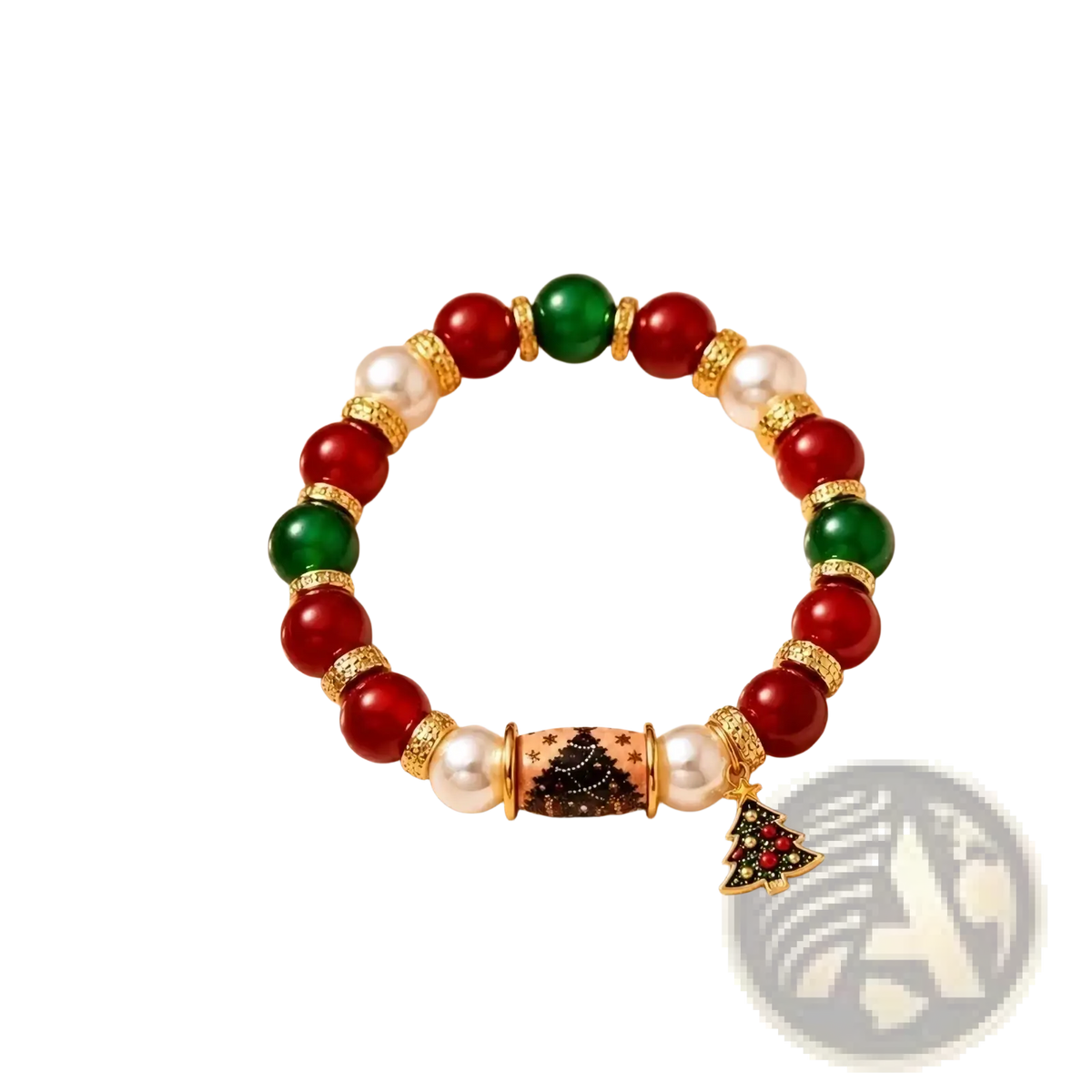 Christmas beaded stretch bracelet with red and green beads gold accents and a central christmas tree charm with pearls