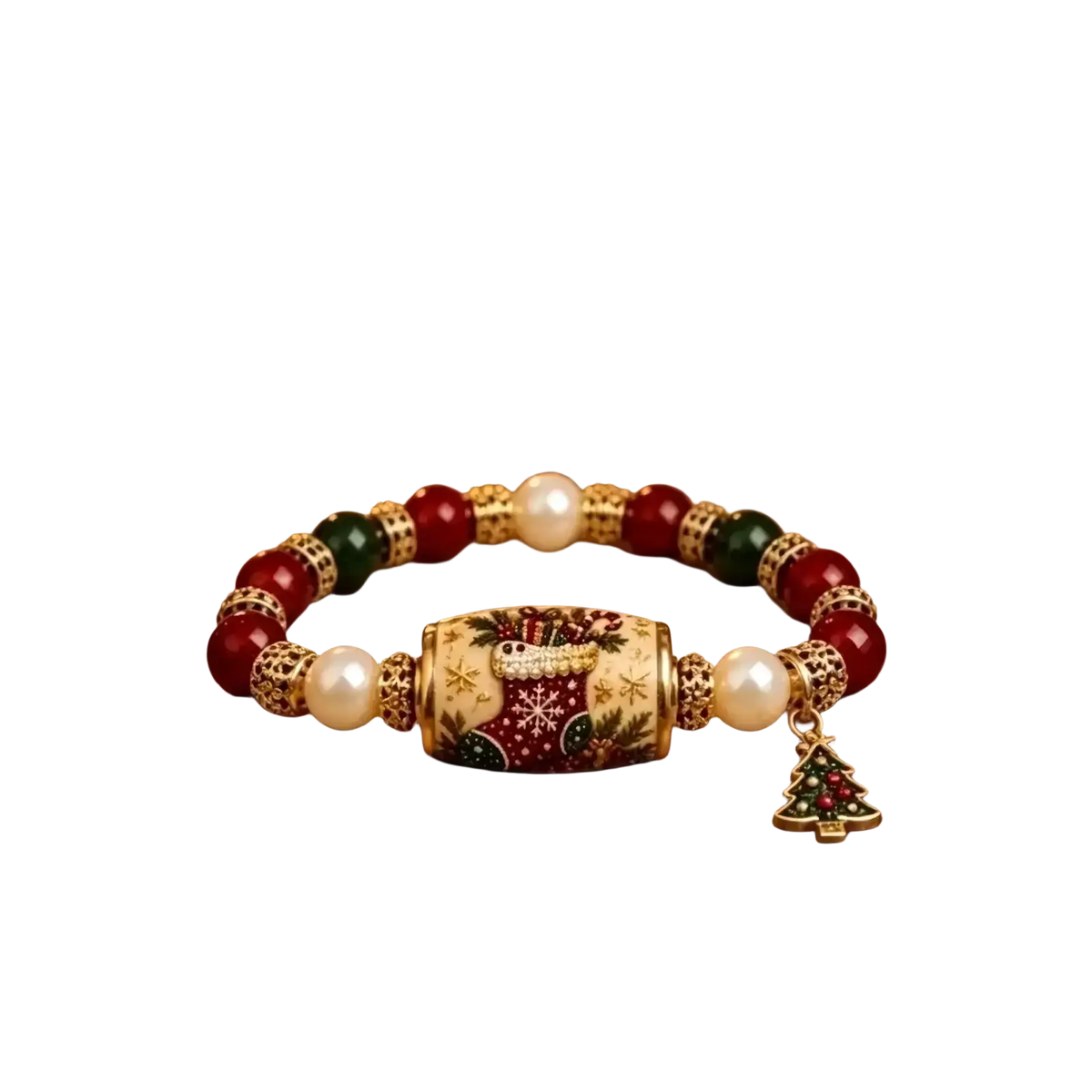 Christmas beaded stretch bracelet with red green gold beads, central snowflake bead, and dangling christmas tree charm