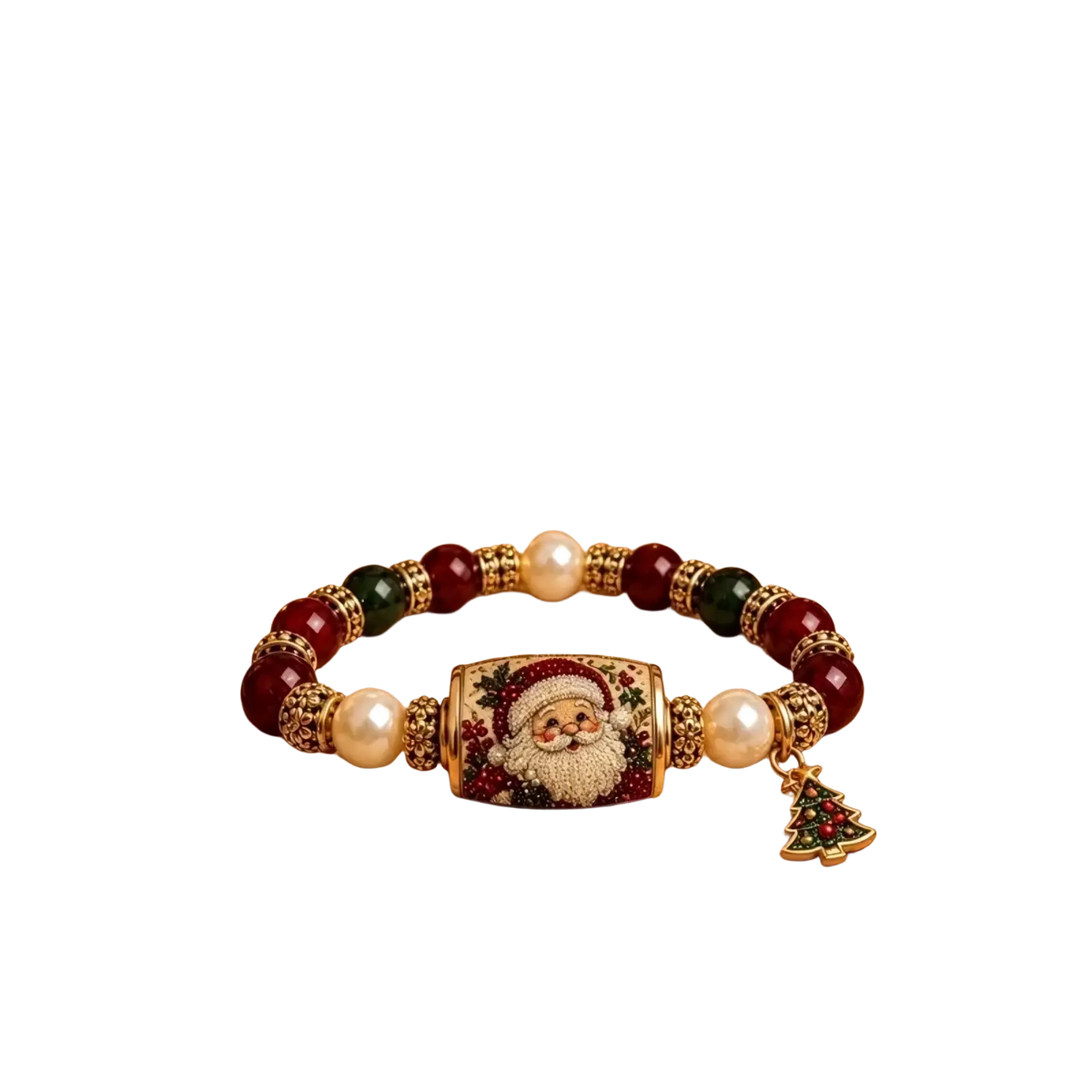 Christmas beaded stretch bracelet with red and green gemstones, white pearls, gold accents, santa charm, and christmas tree pendant