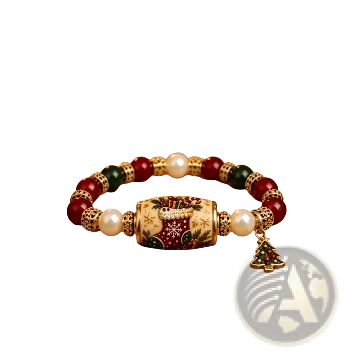 Christmas beaded stretch bracelet featuring red and green gemstones, pearl beads, gold accents, snowman bead, and tree charm