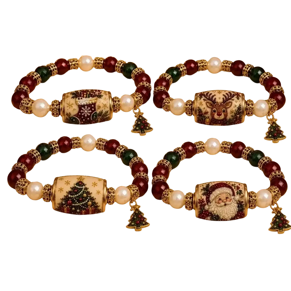 Four christmas beaded stretch bracelets with santa reindeer snowflake charms and red green cream beads on off-white background