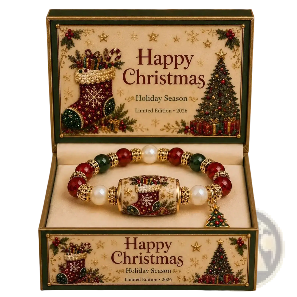Christmas beaded stretch bracelet with red green white gemstones gold accents stocking bead and small tree charm