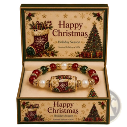Christmas beaded stretch bracelet with red green white gemstones gold accents stocking bead and small tree charm