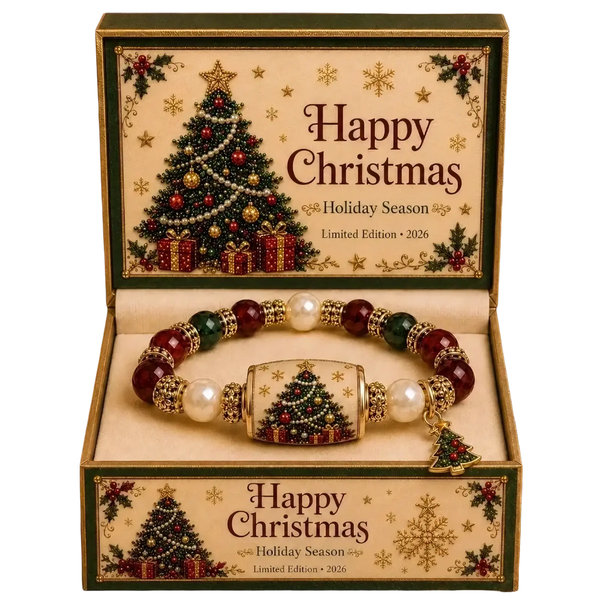 Christmas beaded stretch bracelet with red green and white pearls and gold-toned metal holiday charms