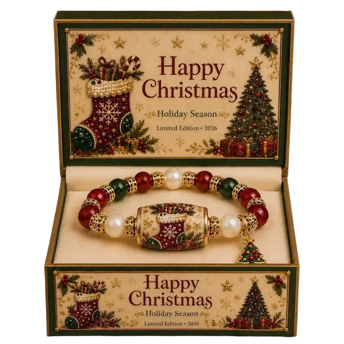 Christmas beaded stretch bracelet with red green white beads gold accents snowflake bead and small tree charm