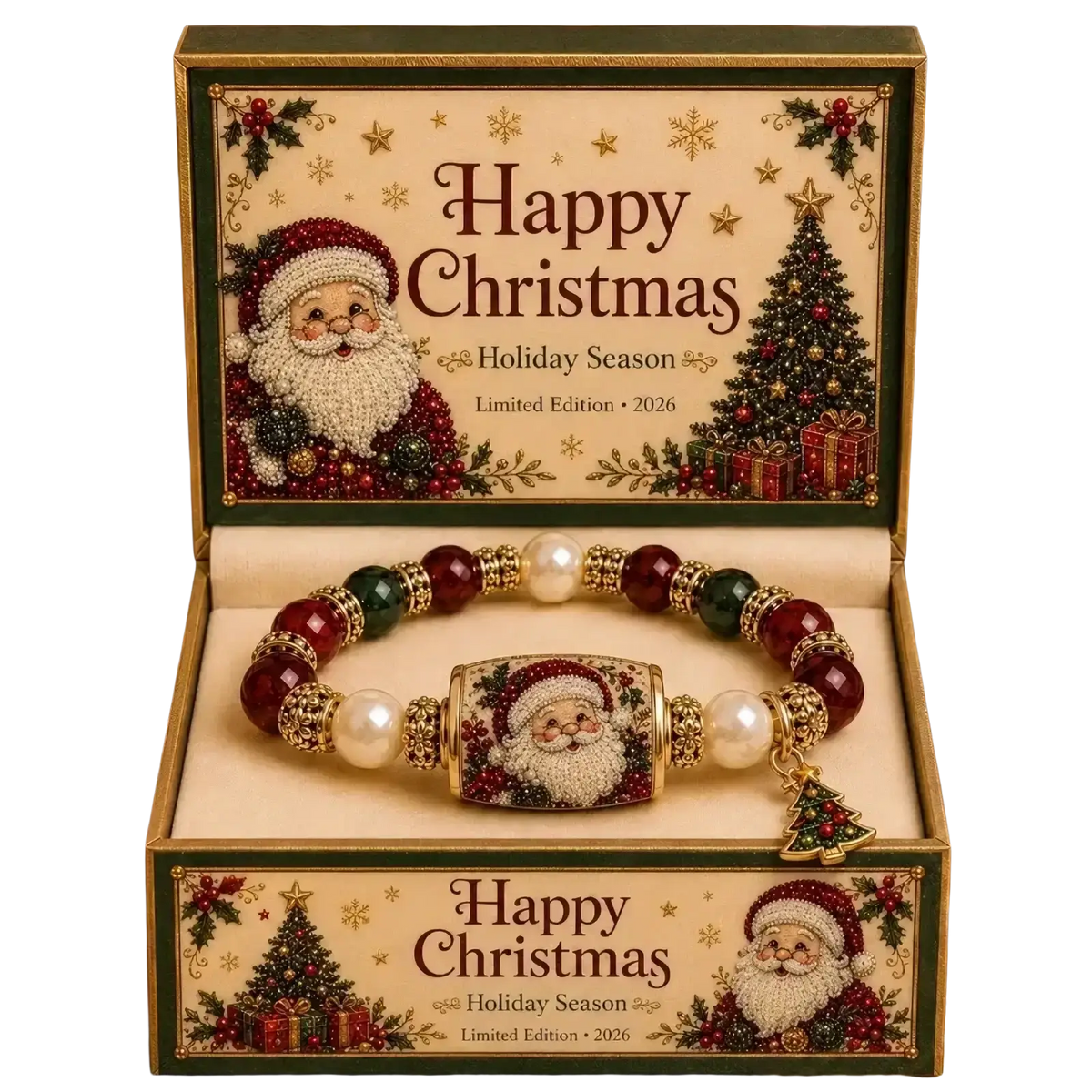 Christmas beaded stretch bracelet with red green gemstones gold-toned accents white pearls and santa claus charm