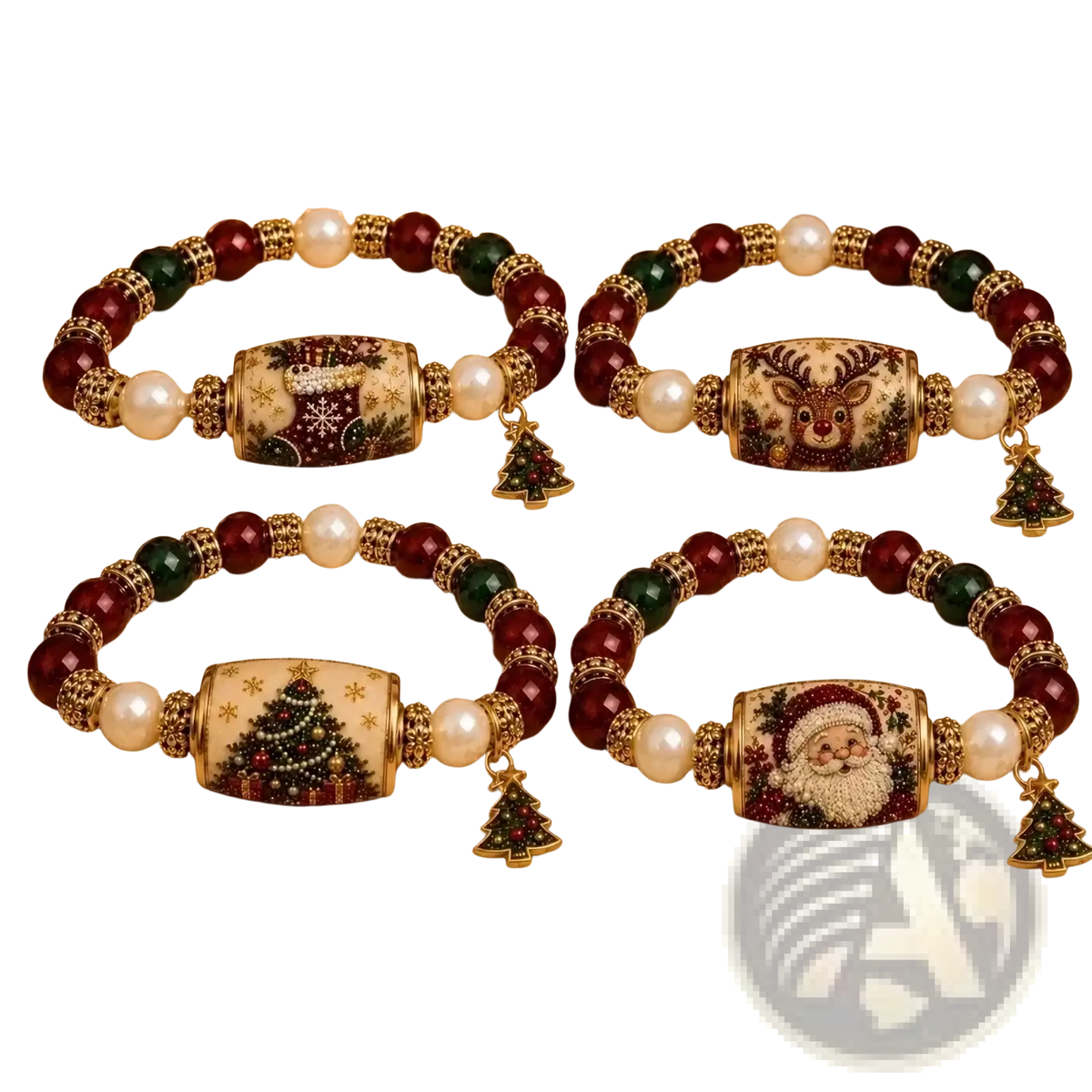 Christmas beaded stretch bracelet with red green and white pearls gold-toned accents and festive holiday charms