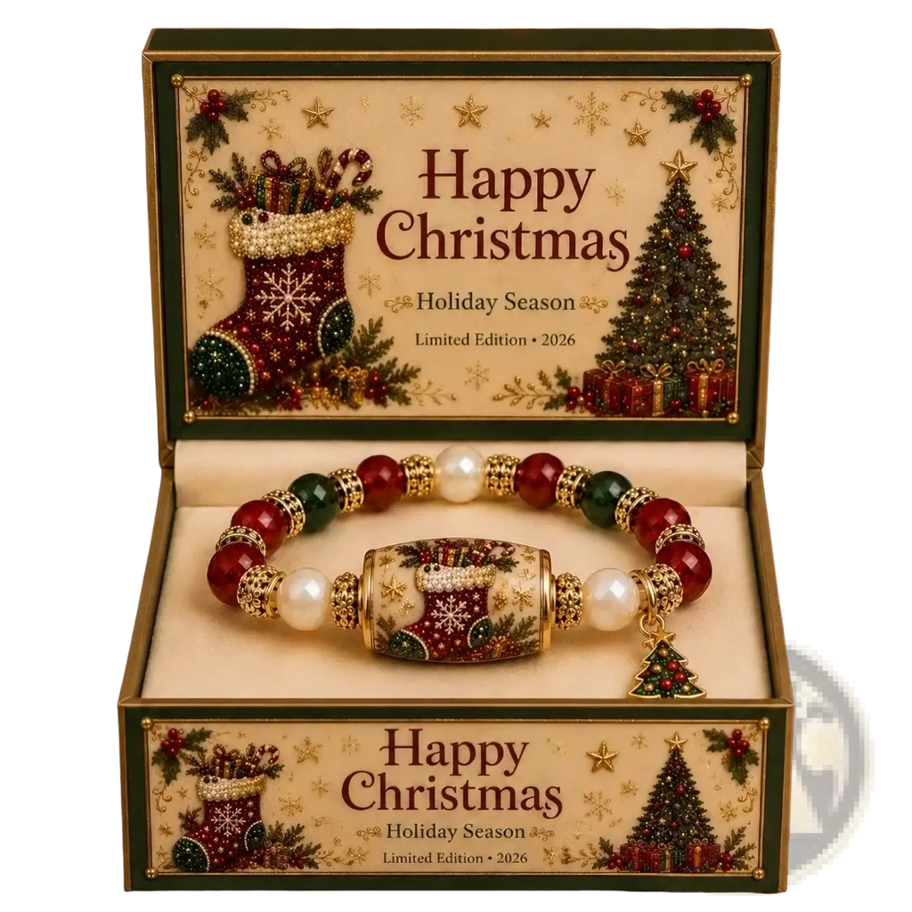 Christmas beaded stretch bracelet with red green and white gemstones gold-toned accents snowflake bead and tree charm