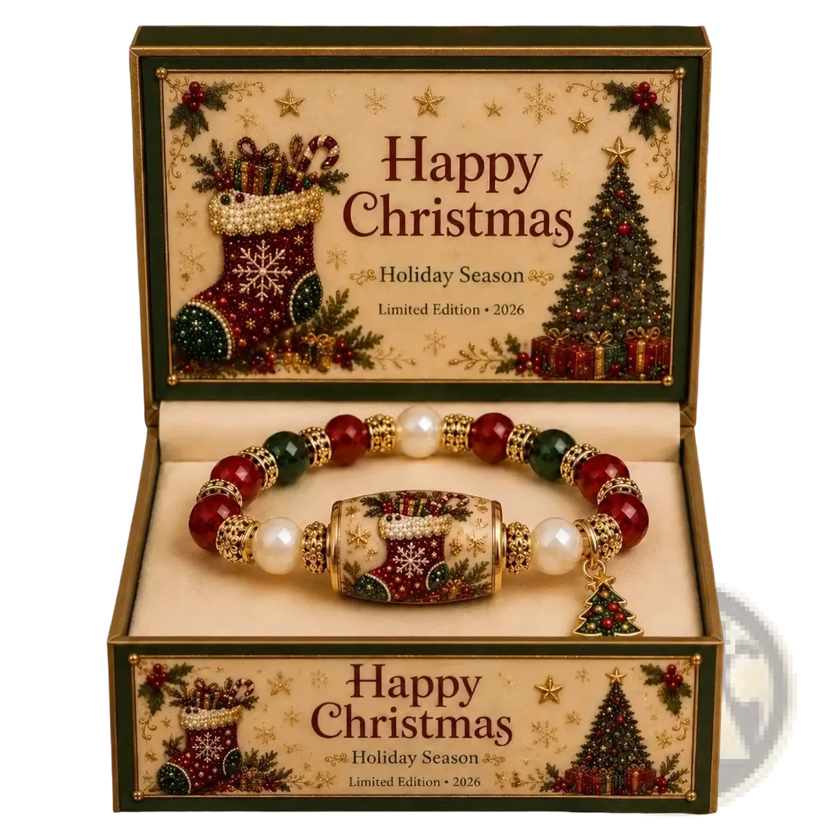 Christmas beaded stretch bracelet with red green and white gemstones gold-toned accents snowflake bead and tree charm