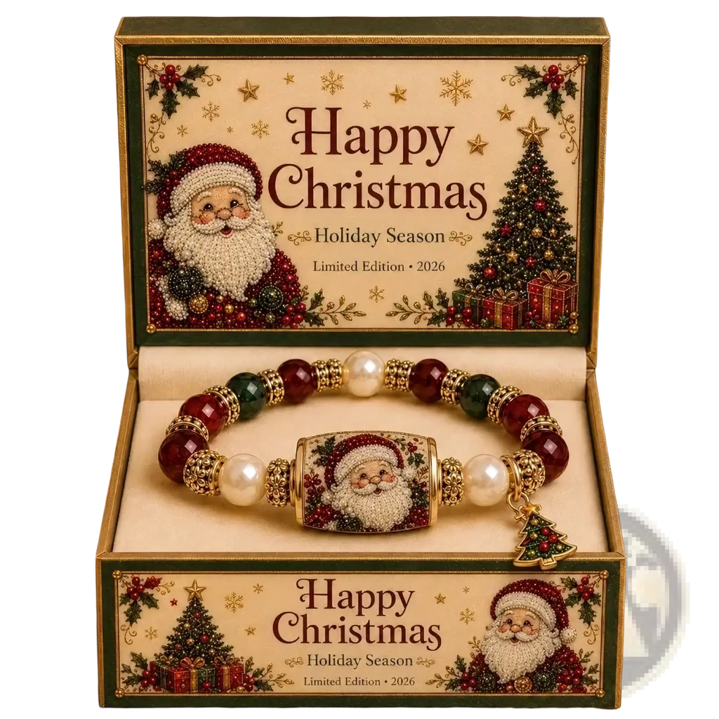Christmas beaded stretch bracelet with red green white beads gold-toned accents santa claus charm and tree pendant