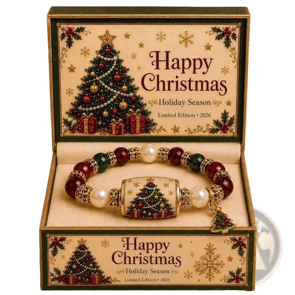 Christmas beaded stretch bracelet with red green and white pearls and gold-toned metal holiday charms