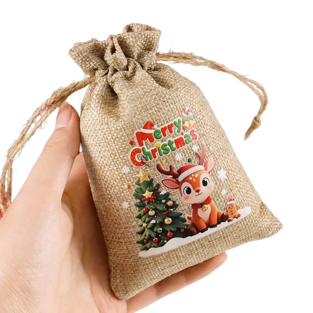 Beige burlap drawstring gift bag with merry christmas design featuring reindeer tree and gingerbread man set of 6