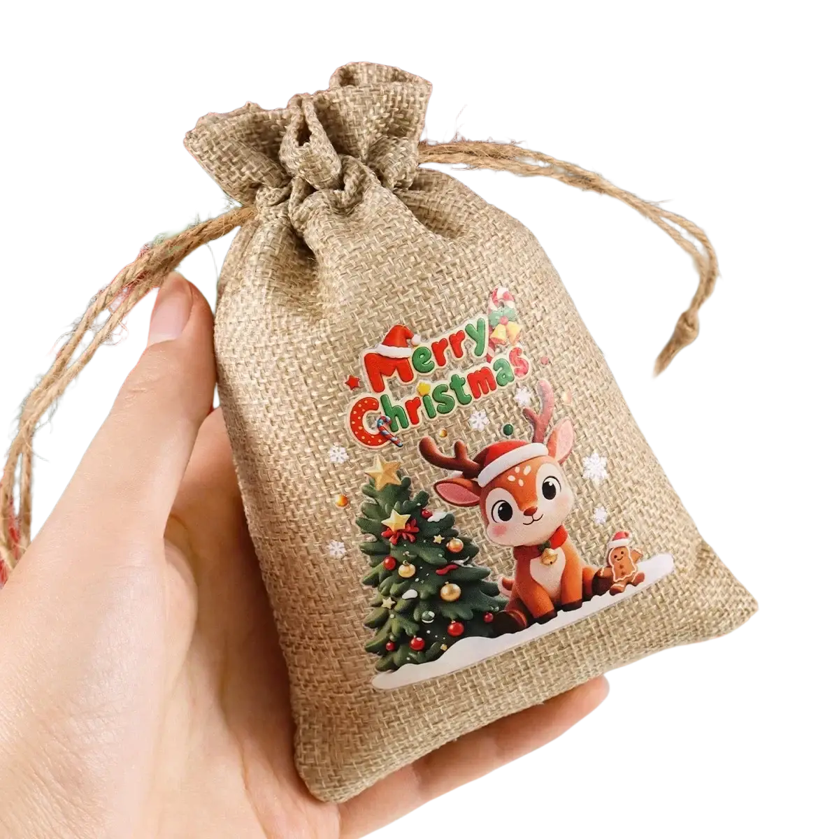 Beige burlap drawstring gift bag with merry christmas design featuring reindeer tree and gingerbread man set of 6
