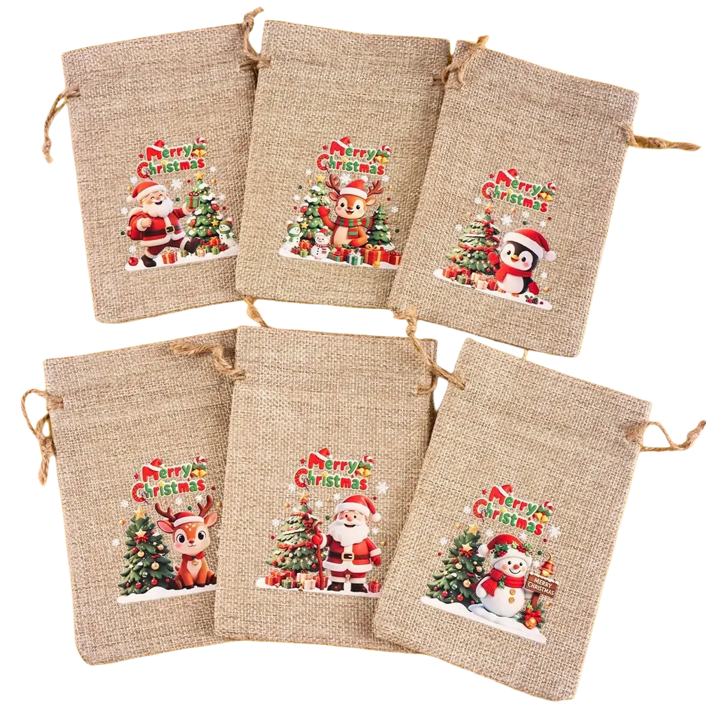 Beige jute drawstring bags with festive christmas illustrations of santa reindeer penguin and snowman set of 6