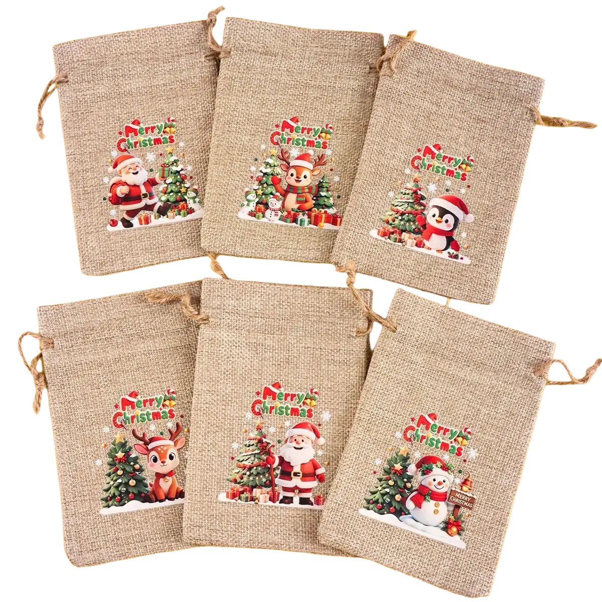 Beige jute drawstring bags with festive christmas illustrations of santa reindeer penguin and snowman set of 6