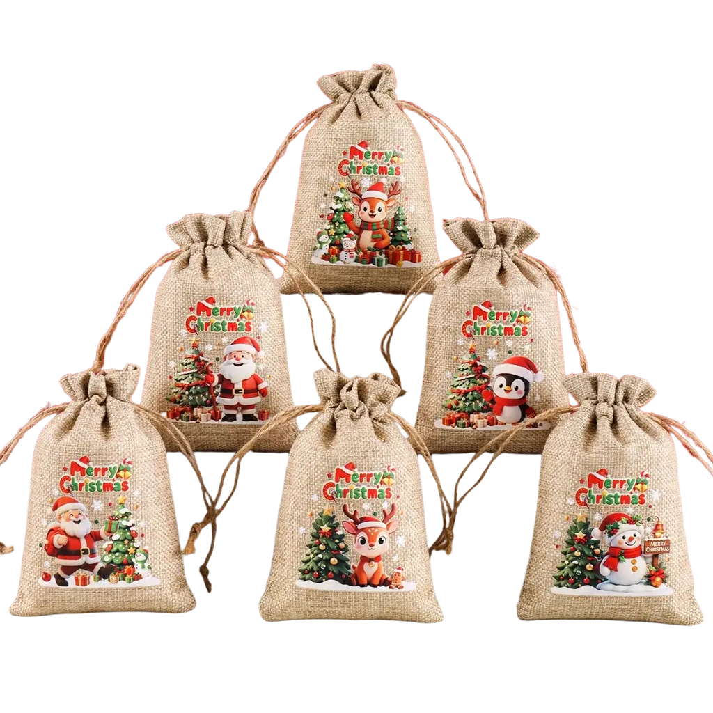 Beige jute Christmas gift bags set of 6 with colorful festive illustrations and drawstring closures