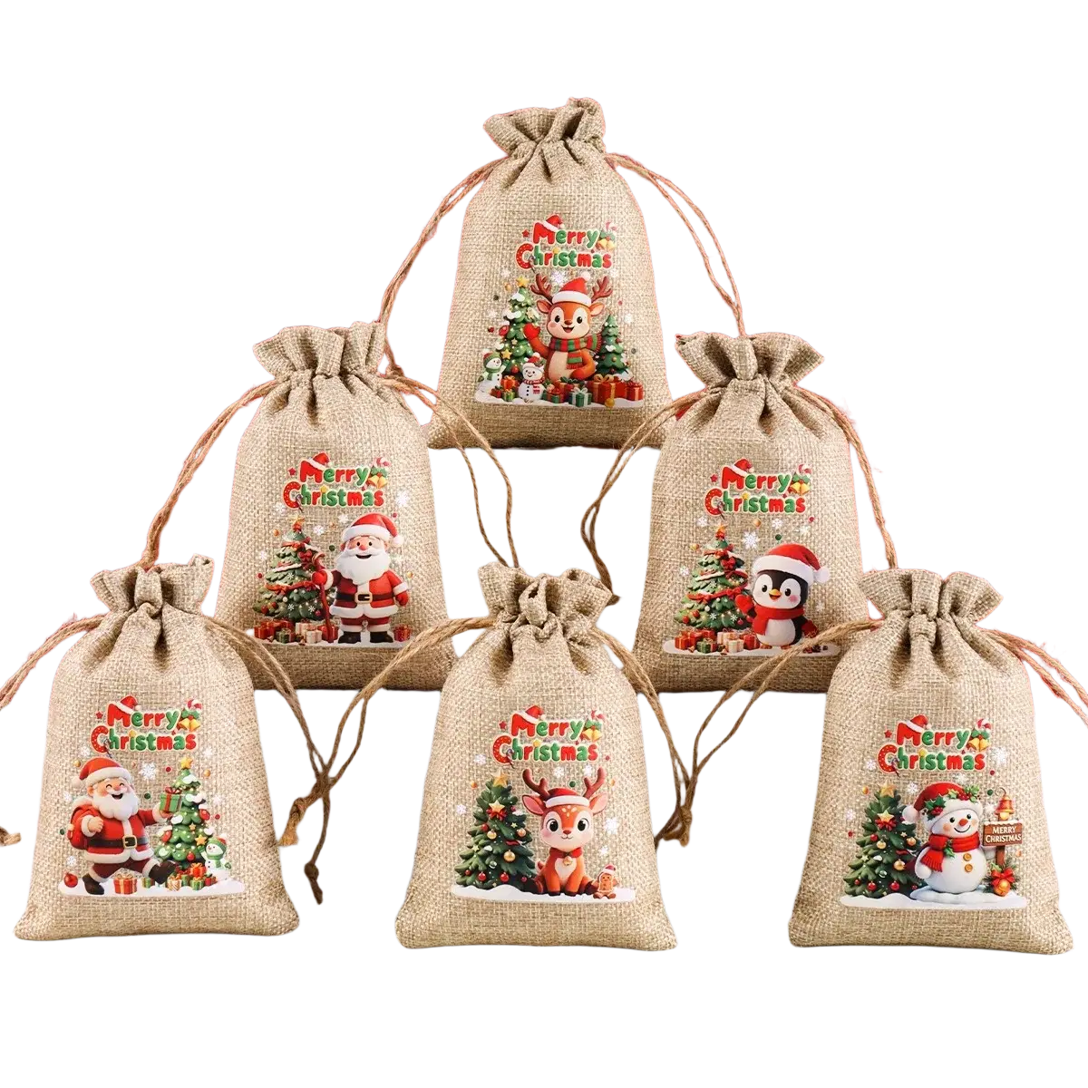 Beige jute Christmas gift bags set of 6 with colorful festive illustrations and drawstring closures