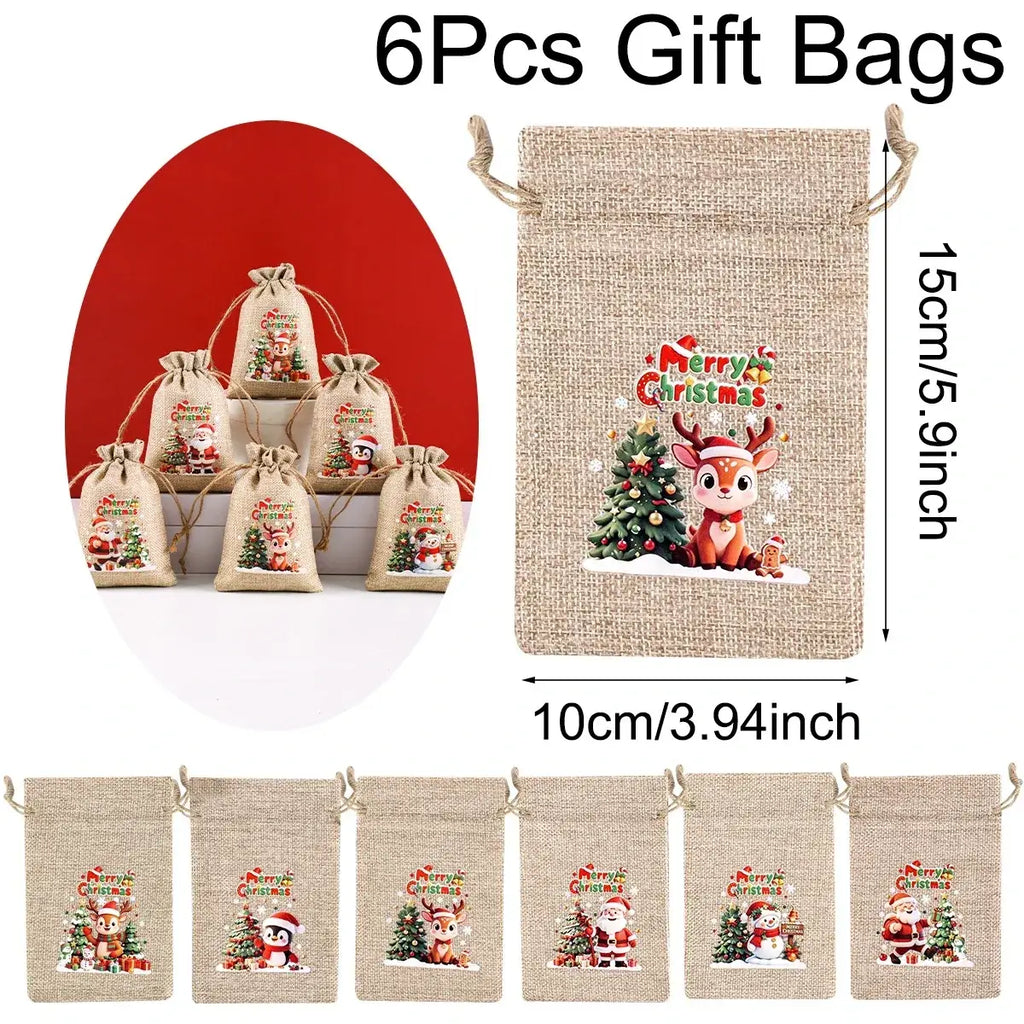 Beige jute christmas burlap gift bags set of 6 with festive santa reindeer and penguin designs on textured fabric