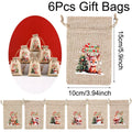 Beige jute christmas burlap gift bags set of 6 with festive santa reindeer and penguin designs on textured fabric