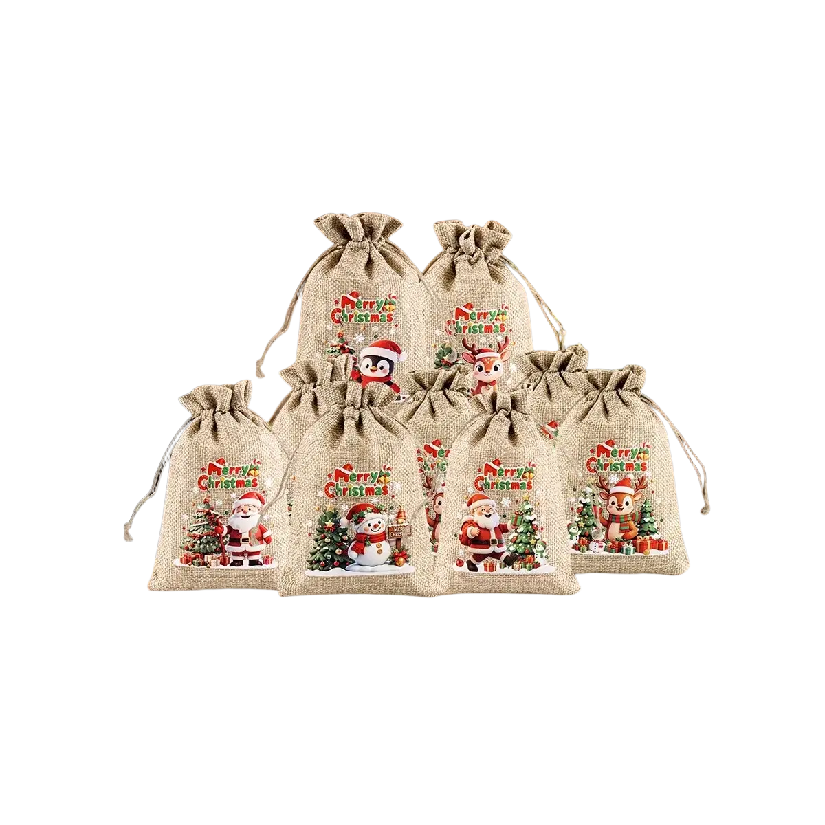 Beige linen christmas burlap gift bags set of 6 with festive merry christmas prints of santa snowmen and reindeer