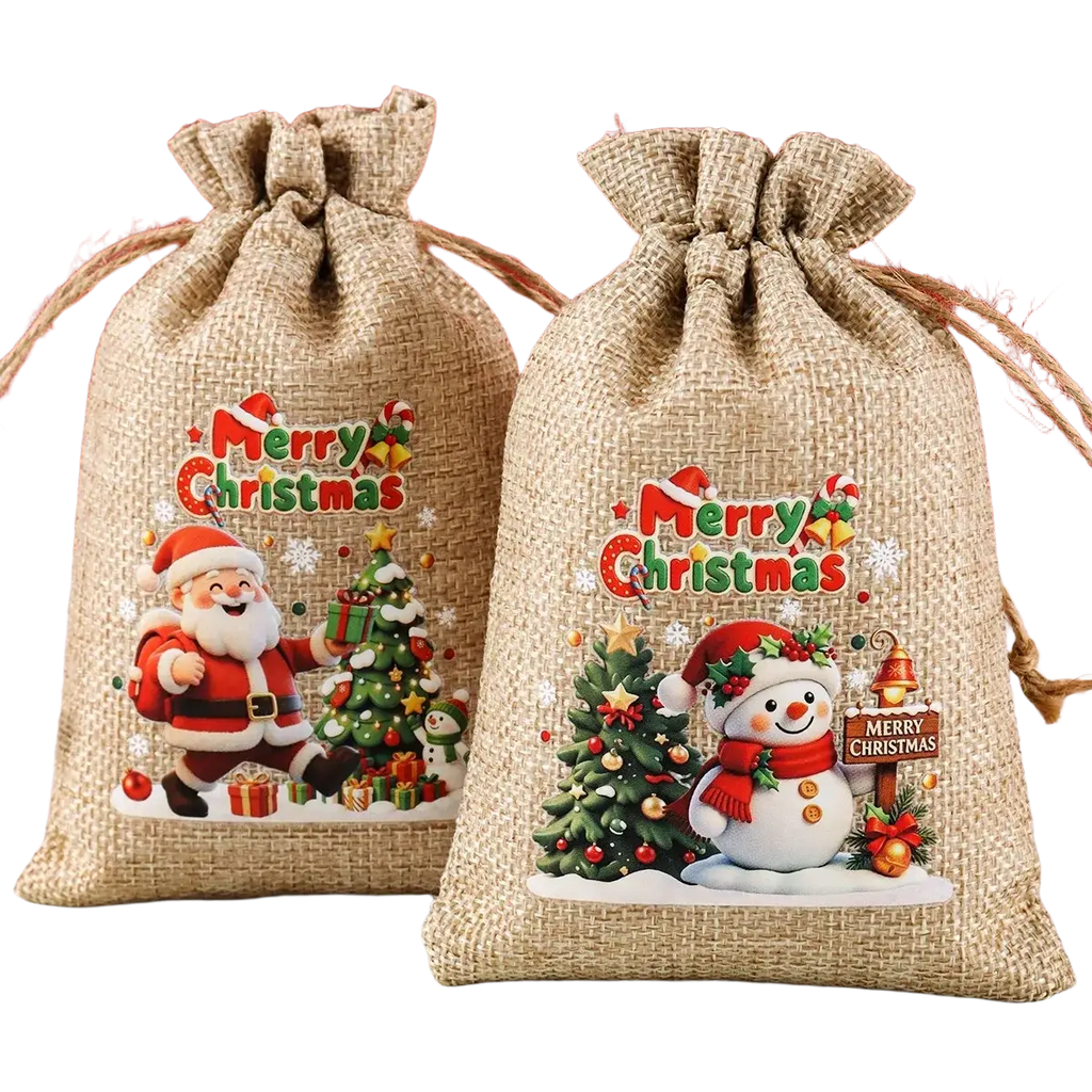 Two beige burlap christmas gift bags featuring colorful santa claus and snowman designs in a set of six