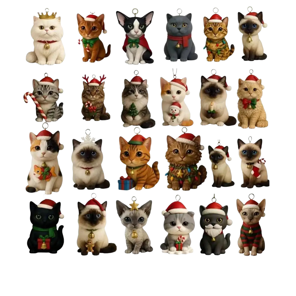 Adorable acrylic cat tree christmas calendar countdown with 24 festive cat ornaments in various holiday colors