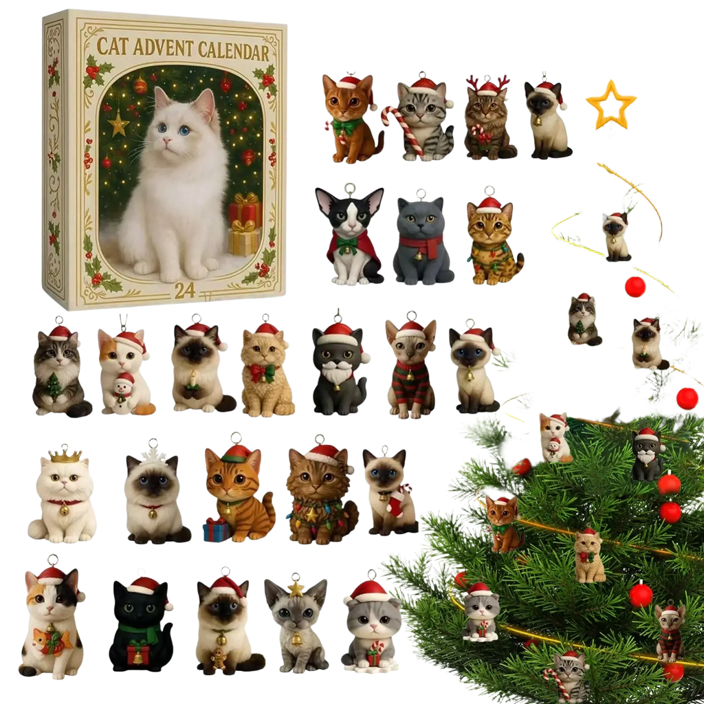 A christmas calendar countdown featuring 24 miniature acrylic cat figurines in festive holiday hats and scarves
