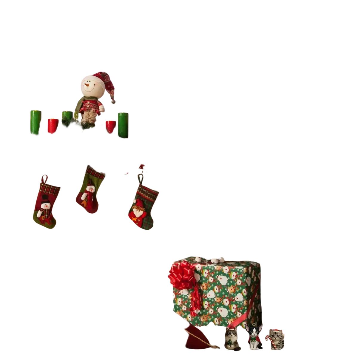 A festive acrylic christmas calendar countdown tree decorated with red and gold ornaments and miniature cat figurines